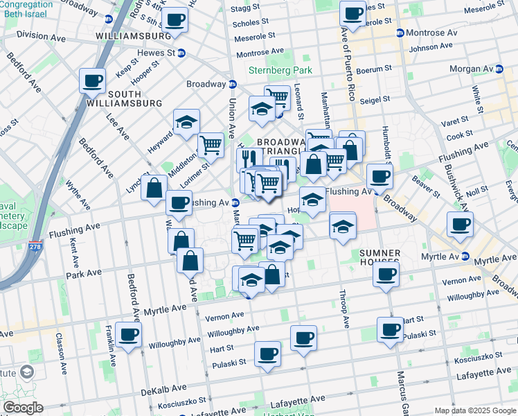 map of restaurants, bars, coffee shops, grocery stores, and more near 475 Marcy Avenue in Brooklyn