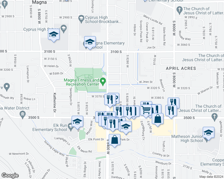 map of restaurants, bars, coffee shops, grocery stores, and more near 8379 West Herzog Avenue in Magna