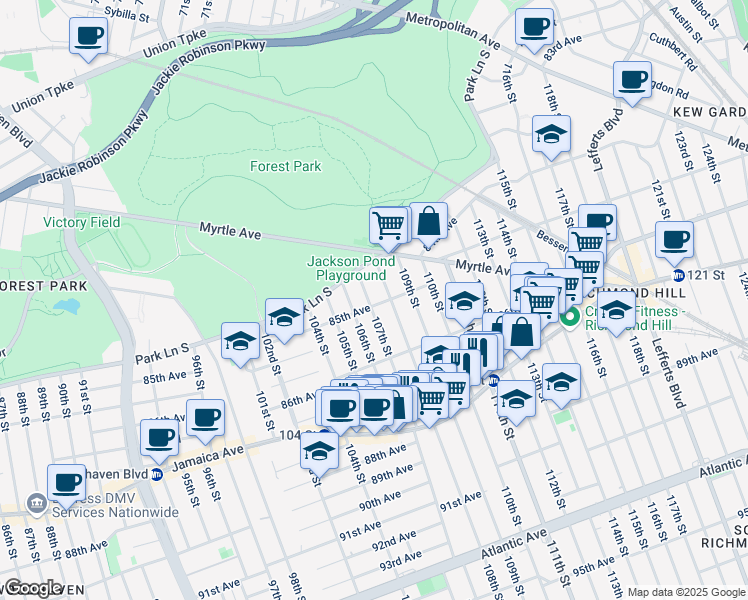 map of restaurants, bars, coffee shops, grocery stores, and more near 107-03 85th Avenue in Queens