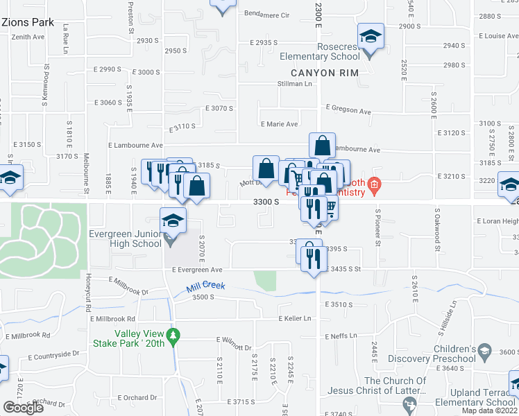 map of restaurants, bars, coffee shops, grocery stores, and more near 2174 East 3300 South in Salt Lake City
