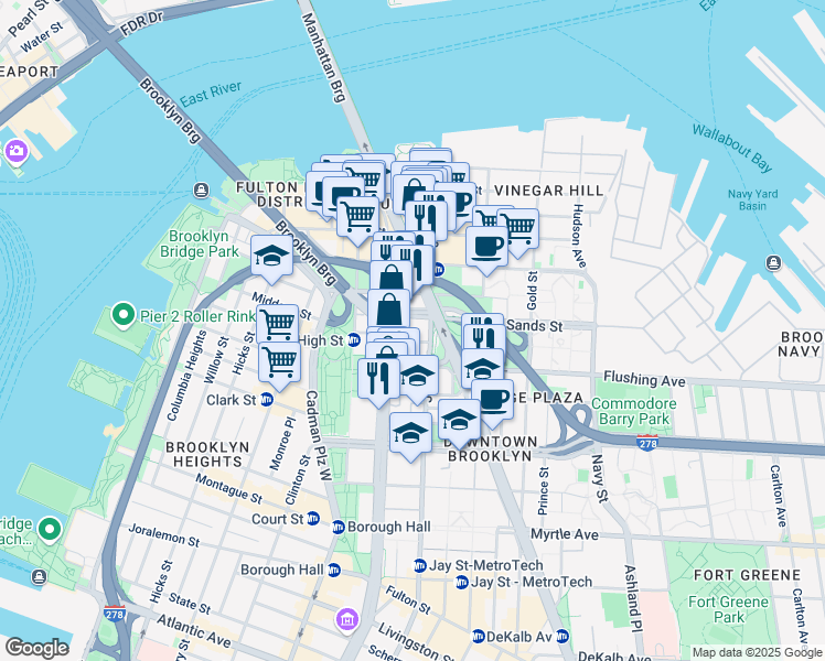 map of restaurants, bars, coffee shops, grocery stores, and more near 175 Pearl Street in Brooklyn