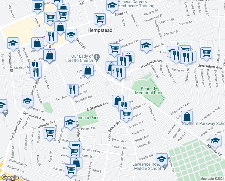 map of restaurants, bars, coffee shops, grocery stores, and more near 48 Baldwin Road in Hempstead