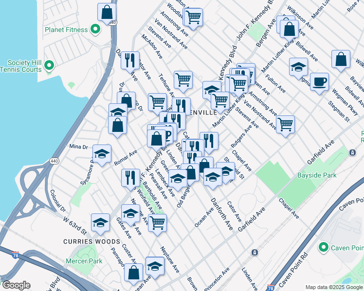 map of restaurants, bars, coffee shops, grocery stores, and more near 235 Danforth Avenue in Jersey City