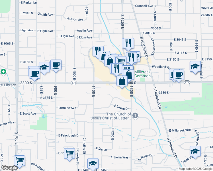 map of restaurants, bars, coffee shops, grocery stores, and more near 1156 East 3300 South in Millcreek