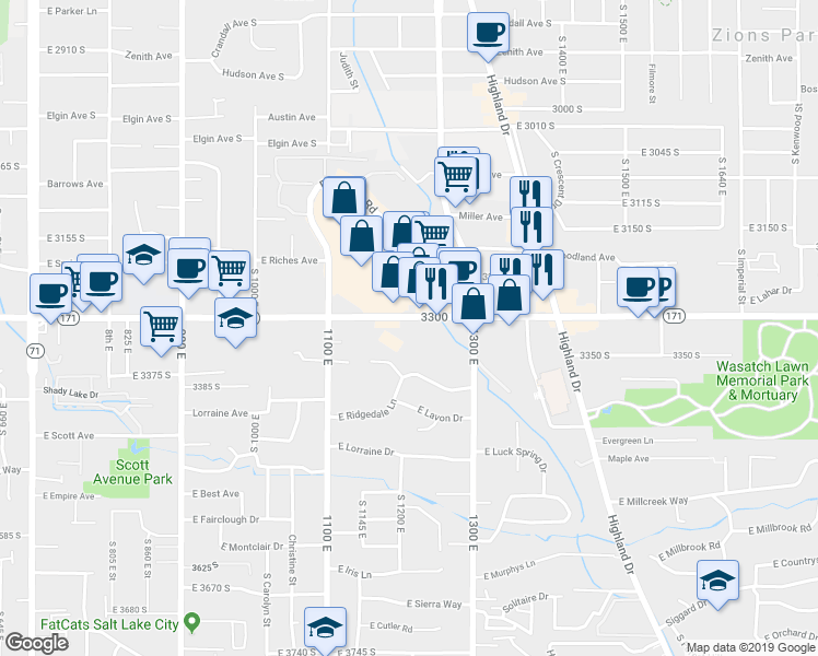 map of restaurants, bars, coffee shops, grocery stores, and more near 1208 East 3300 South in Salt Lake City