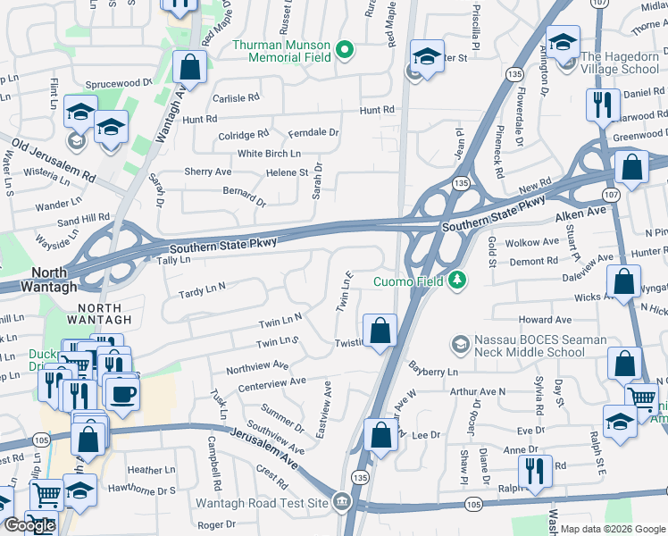 map of restaurants, bars, coffee shops, grocery stores, and more near 162 Twin Lane North in Wantagh