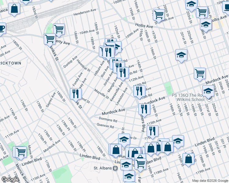 map of restaurants, bars, coffee shops, grocery stores, and more near 33 Keeseville Avenue in Queens