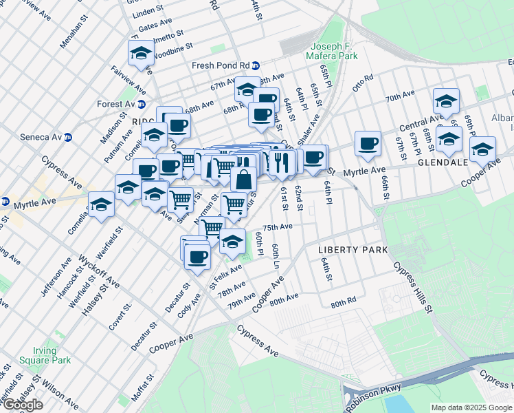 map of restaurants, bars, coffee shops, grocery stores, and more near 59-20 Decatur St in Queens