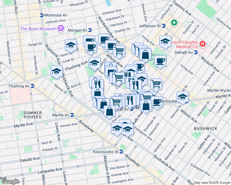 map of restaurants, bars, coffee shops, grocery stores, and more near 128 Troutman Street in Brooklyn