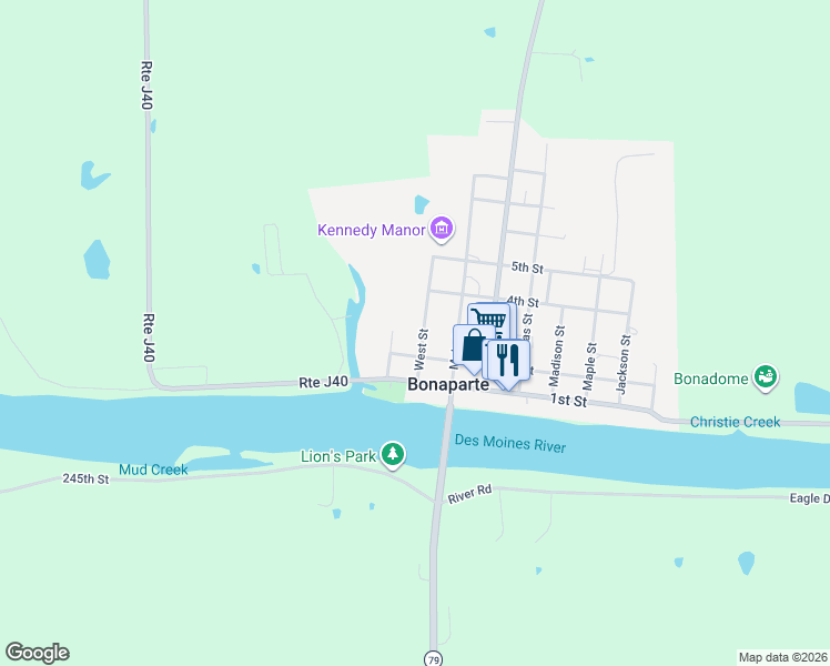 map of restaurants, bars, coffee shops, grocery stores, and more near 201-399 West Street in Bonaparte