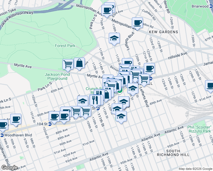 map of restaurants, bars, coffee shops, grocery stores, and more near 113-07 86th Avenue in Queens