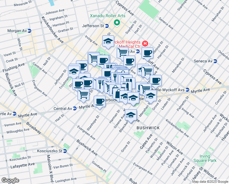 map of restaurants, bars, coffee shops, grocery stores, and more near 179 Stanhope Street in Brooklyn