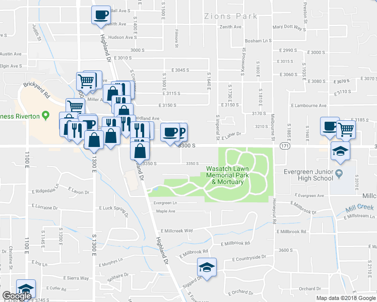 map of restaurants, bars, coffee shops, grocery stores, and more near 1594 3300 South in Salt Lake City
