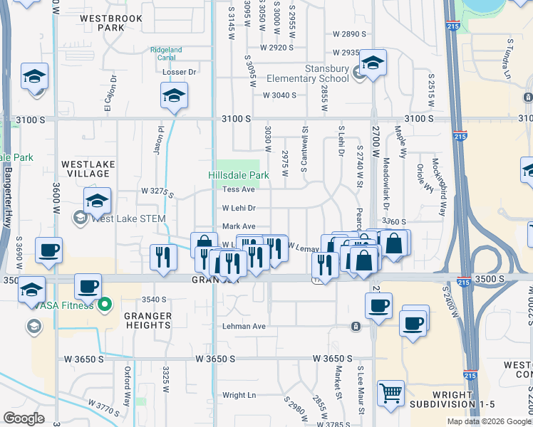 map of restaurants, bars, coffee shops, grocery stores, and more near 3041 West Lehi Drive in West Valley City