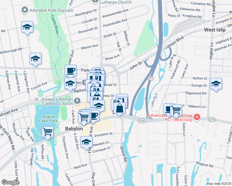 map of restaurants, bars, coffee shops, grocery stores, and more near 57 James St in Babylon