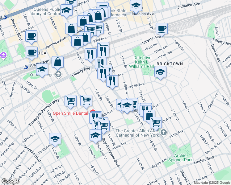 map of restaurants, bars, coffee shops, grocery stores, and more near 107-33 Merrick Boulevard in Queens