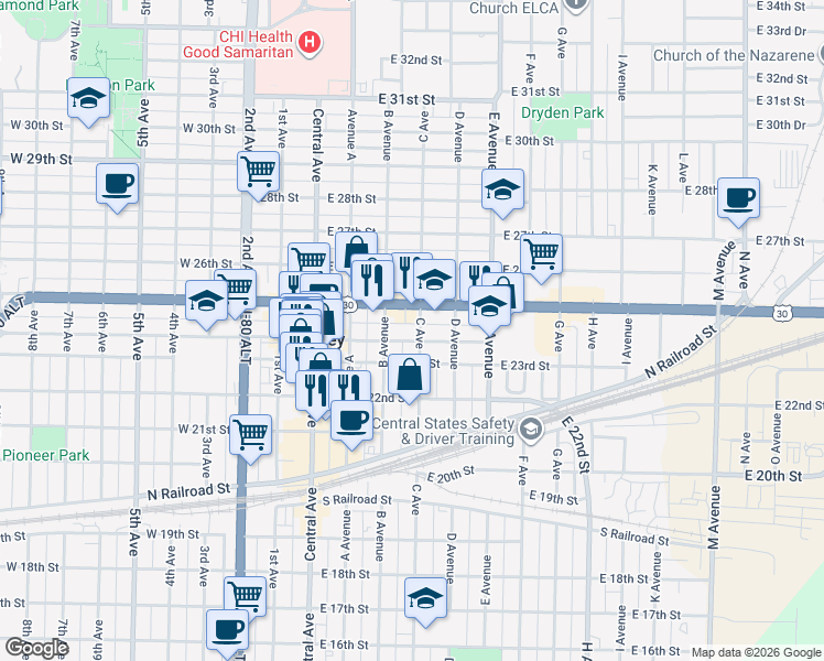 map of restaurants, bars, coffee shops, grocery stores, and more near 220 East 24th Street in Kearney