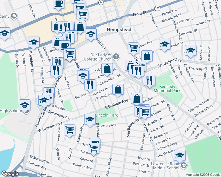 map of restaurants, bars, coffee shops, grocery stores, and more near 86 Marvin Avenue in Hempstead