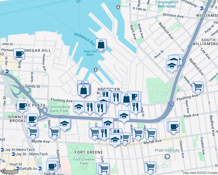 map of restaurants, bars, coffee shops, grocery stores, and more near Market Street in Brooklyn