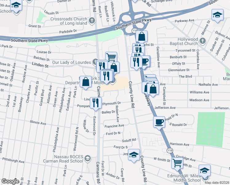 map of restaurants, bars, coffee shops, grocery stores, and more near 56 Bernard Street in Massapequa