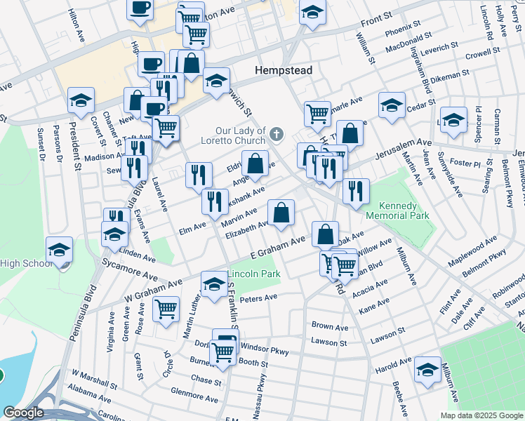 map of restaurants, bars, coffee shops, grocery stores, and more near 86 Marvin Avenue in Hempstead
