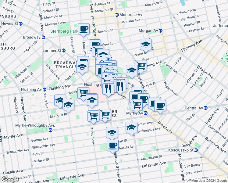 map of restaurants, bars, coffee shops, grocery stores, and more near 7 Marcus Garvey Boulevard in Brooklyn