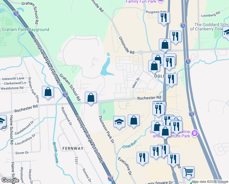 map of restaurants, bars, coffee shops, grocery stores, and more near 217 Collingwood Court in Cranberry Township