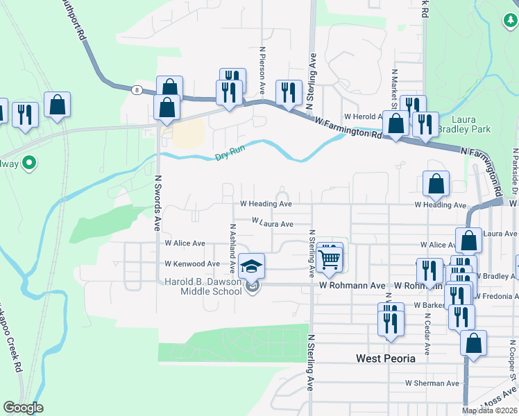 map of restaurants, bars, coffee shops, grocery stores, and more near 2614 West Heading Avenue in West Peoria