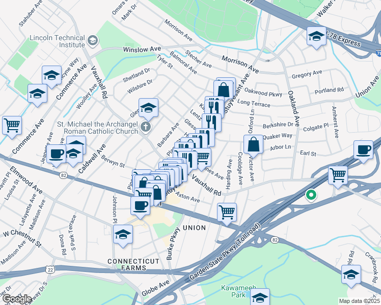 map of restaurants, bars, coffee shops, grocery stores, and more near 1231 Kirkman Place in Union