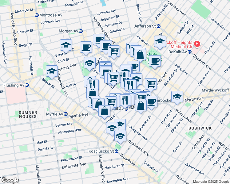 map of restaurants, bars, coffee shops, grocery stores, and more near 128 Troutman St in Brooklyn