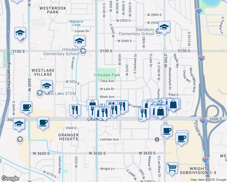 map of restaurants, bars, coffee shops, grocery stores, and more near 3081 West Lehi Drive in West Valley City