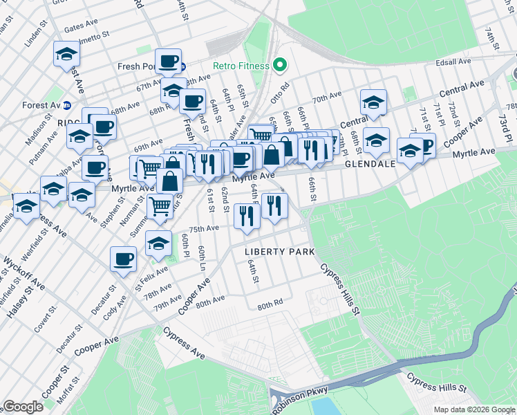 map of restaurants, bars, coffee shops, grocery stores, and more near 74-28 64th Place in Queens