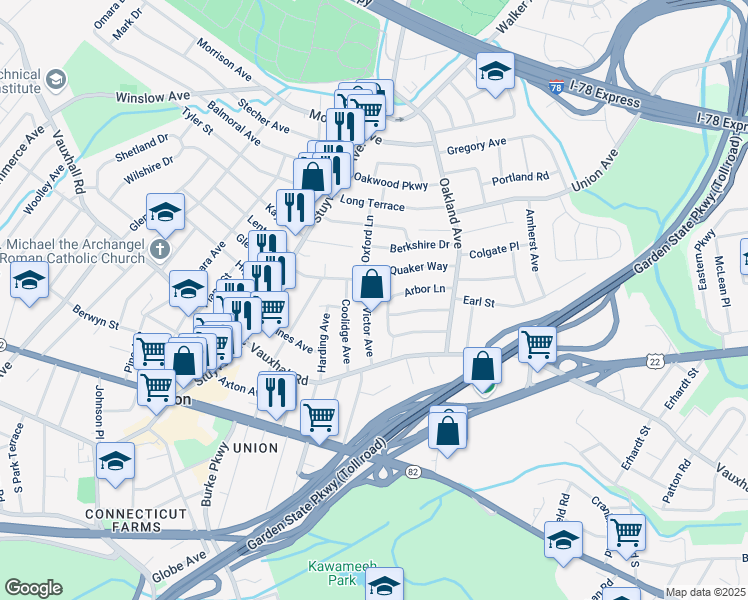 map of restaurants, bars, coffee shops, grocery stores, and more near 1254 Victor Avenue in Union