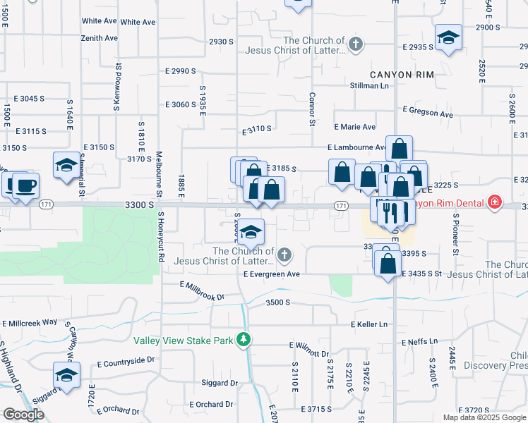 map of restaurants, bars, coffee shops, grocery stores, and more near 2056 Holly Drive in Salt Lake City