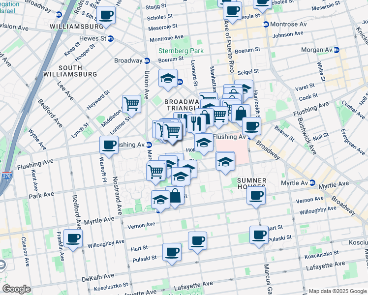 map of restaurants, bars, coffee shops, grocery stores, and more near 135 Hopkins Street in Brooklyn
