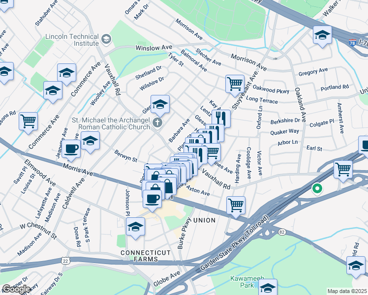 map of restaurants, bars, coffee shops, grocery stores, and more near 1219 Plane Street in Union