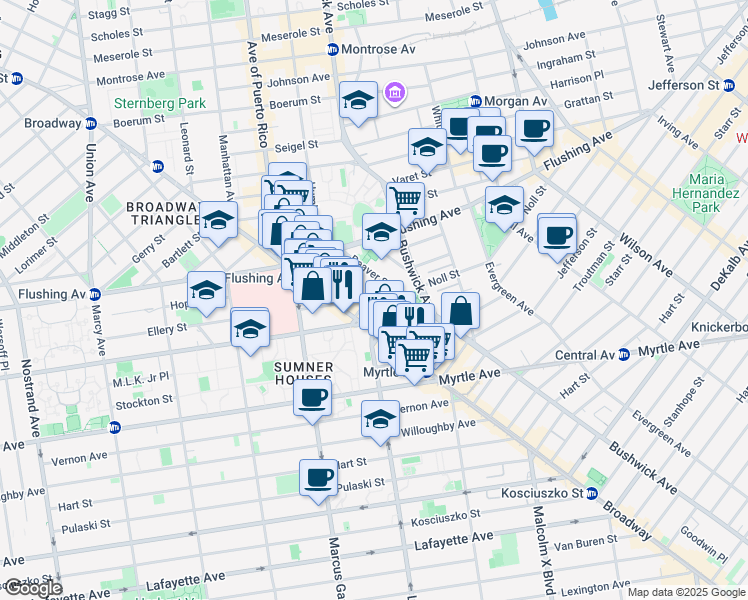 map of restaurants, bars, coffee shops, grocery stores, and more near 24 Park Street in Brooklyn