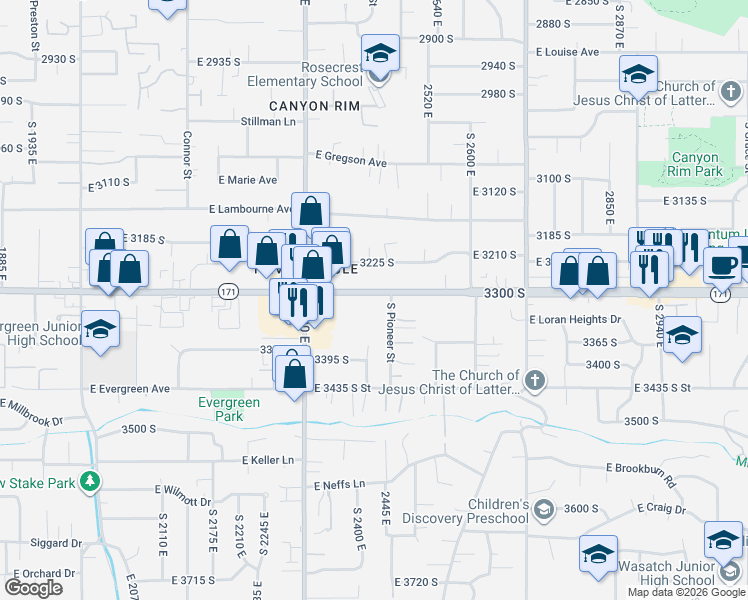 map of restaurants, bars, coffee shops, grocery stores, and more near 2404 East 3300 South in Salt Lake City