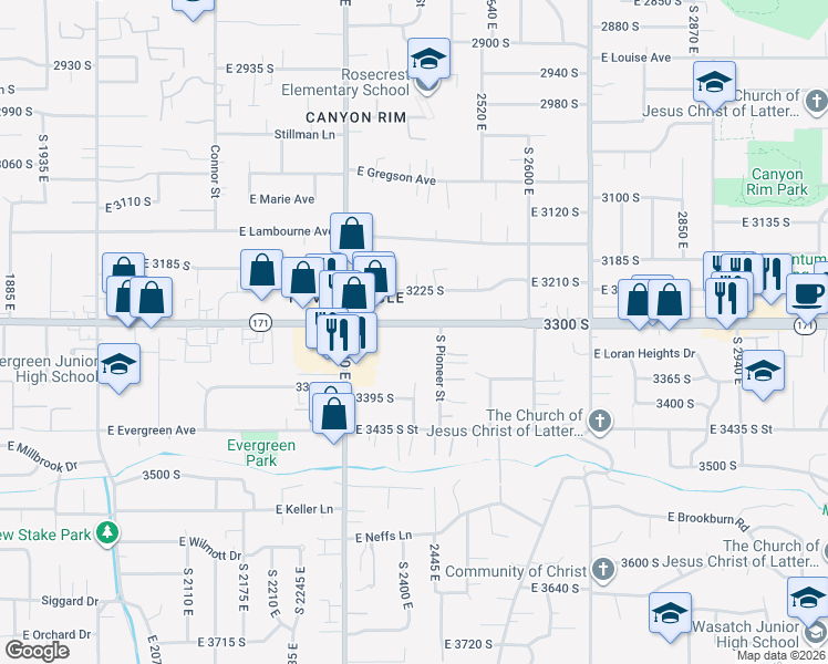 map of restaurants, bars, coffee shops, grocery stores, and more near 2404 East 3300 South in Salt Lake City