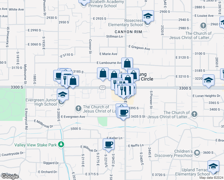 map of restaurants, bars, coffee shops, grocery stores, and more near 2220 3300 South in Salt Lake City