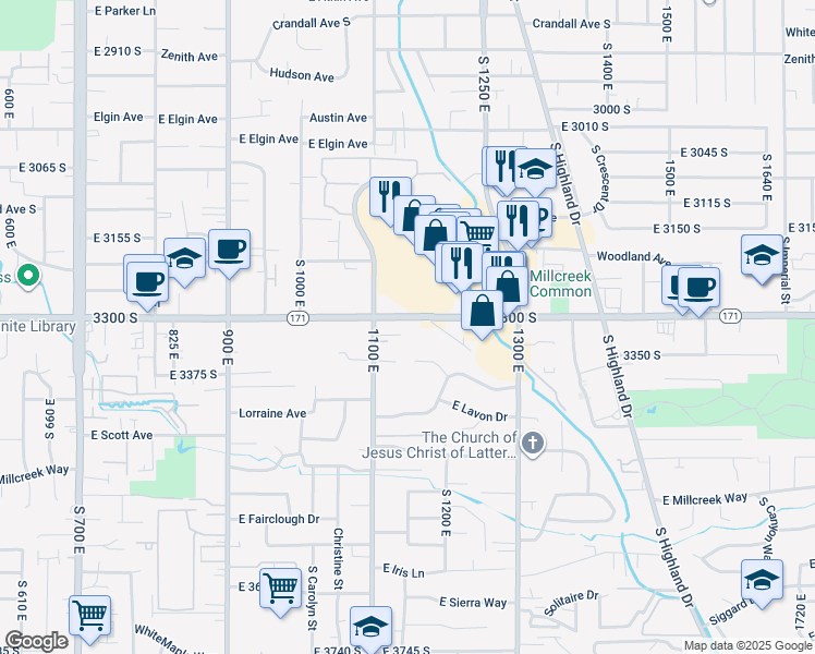 map of restaurants, bars, coffee shops, grocery stores, and more near 1156 East 3300 South in Millcreek