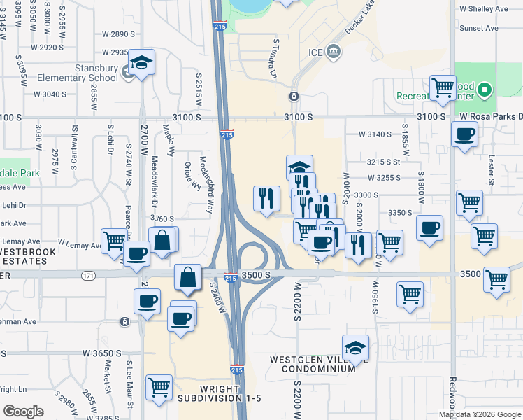 map of restaurants, bars, coffee shops, grocery stores, and more near 2310 City Center Court in West Valley City