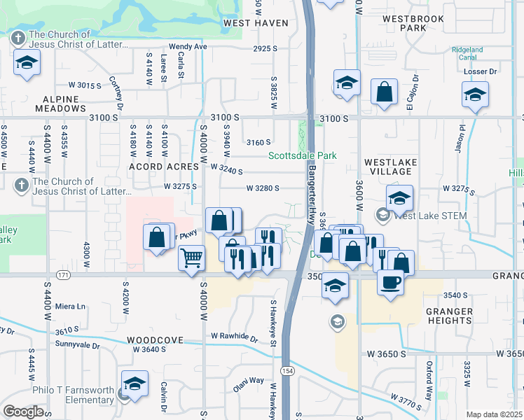map of restaurants, bars, coffee shops, grocery stores, and more near 3836 Rockwood Way in West Valley City