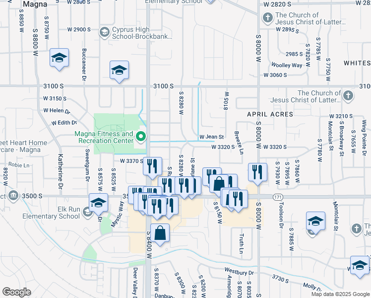 map of restaurants, bars, coffee shops, grocery stores, and more near 3333 South 8280 West in Magna