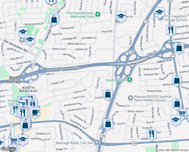 map of restaurants, bars, coffee shops, grocery stores, and more near 162 Twin Lane North in Wantagh