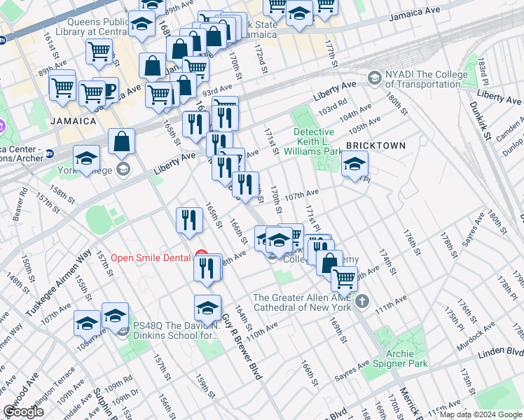 map of restaurants, bars, coffee shops, grocery stores, and more near 107-33 Merrick Boulevard in Queens