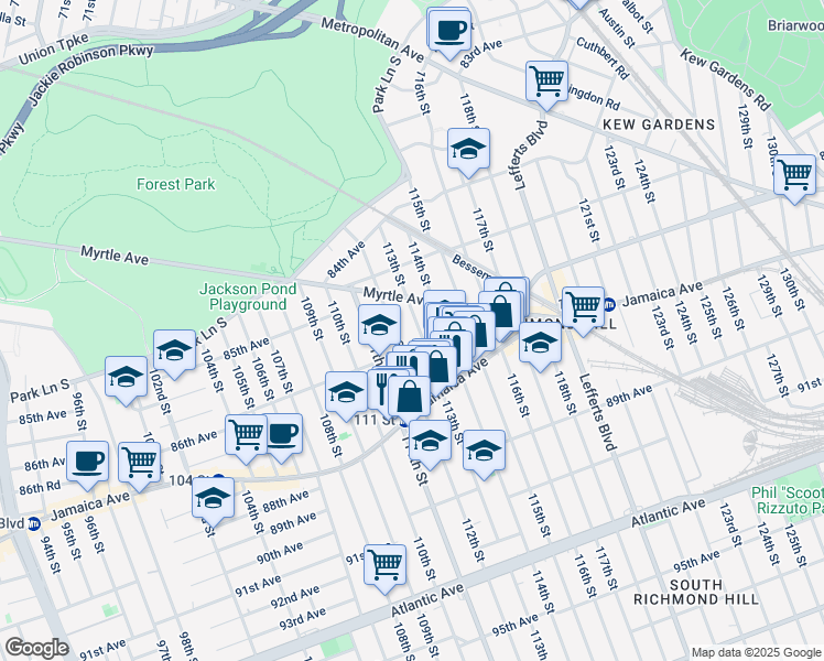 map of restaurants, bars, coffee shops, grocery stores, and more near 85-64 112th Street in Queens