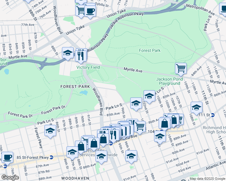map of restaurants, bars, coffee shops, grocery stores, and more near 83-30 98th Street in Queens