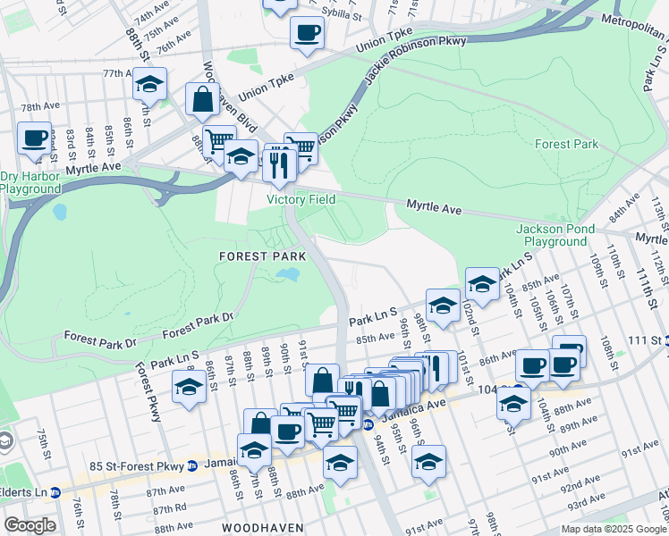 map of restaurants, bars, coffee shops, grocery stores, and more near 83-77 Woodhaven Boulevard in Queens
