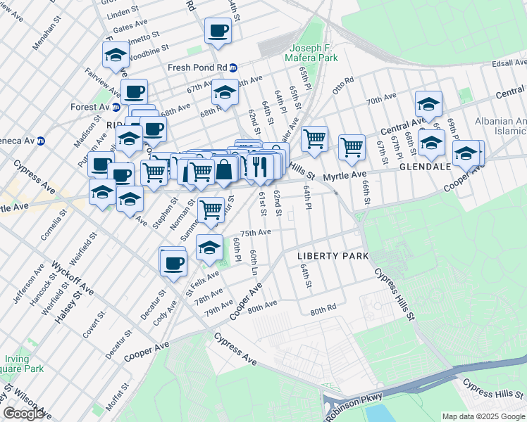 map of restaurants, bars, coffee shops, grocery stores, and more near 72-44 61st Street in Queens